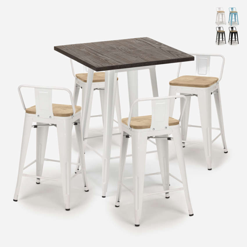 set tavolo bar 60x60cm design industriale 4 sgabelli rough white Promozione set tavolo bar 60x60cm design industriale 4 sgabelli rough white Promozione