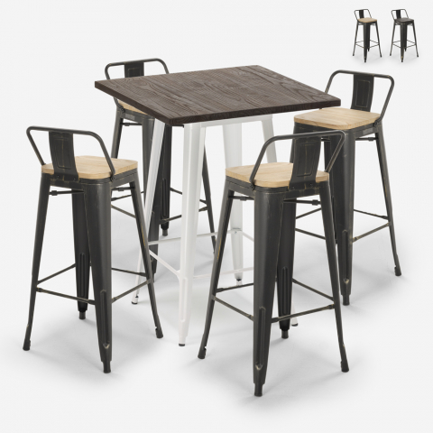 ensemble table haute 60x60cm bois métal bar 4 tabourets style Lix vintage axel white Promotion