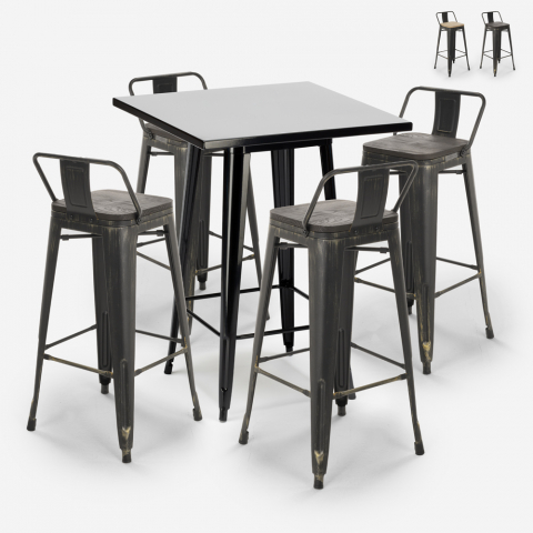 ensemble 4 tabourets vintage style Lix et table haute noire 60x60cm industriel rush black Promotion