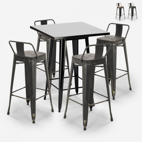 Ensemble 4 Tabourets Vintage style Tolix et Table Haute Noire 60x60cm Industriel Rush Black Promotion