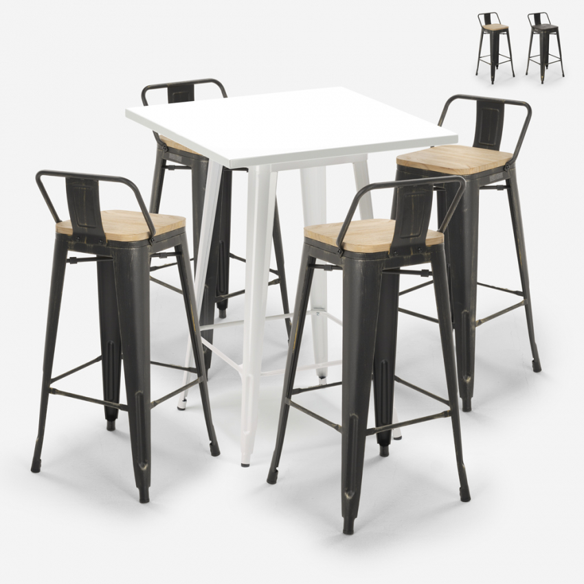 set tavolino alto bar 60x60cm bianco 4 sgabelli vintage rush white Promozione set tavolino alto bar 60x60cm bianco 4 sgabelli vintage rush white Promozione