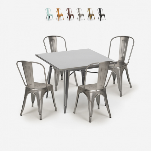 ensemble de 4 chaises vintage style et table 80x80cm industriel cuisine restaurant bistrot state Promotion