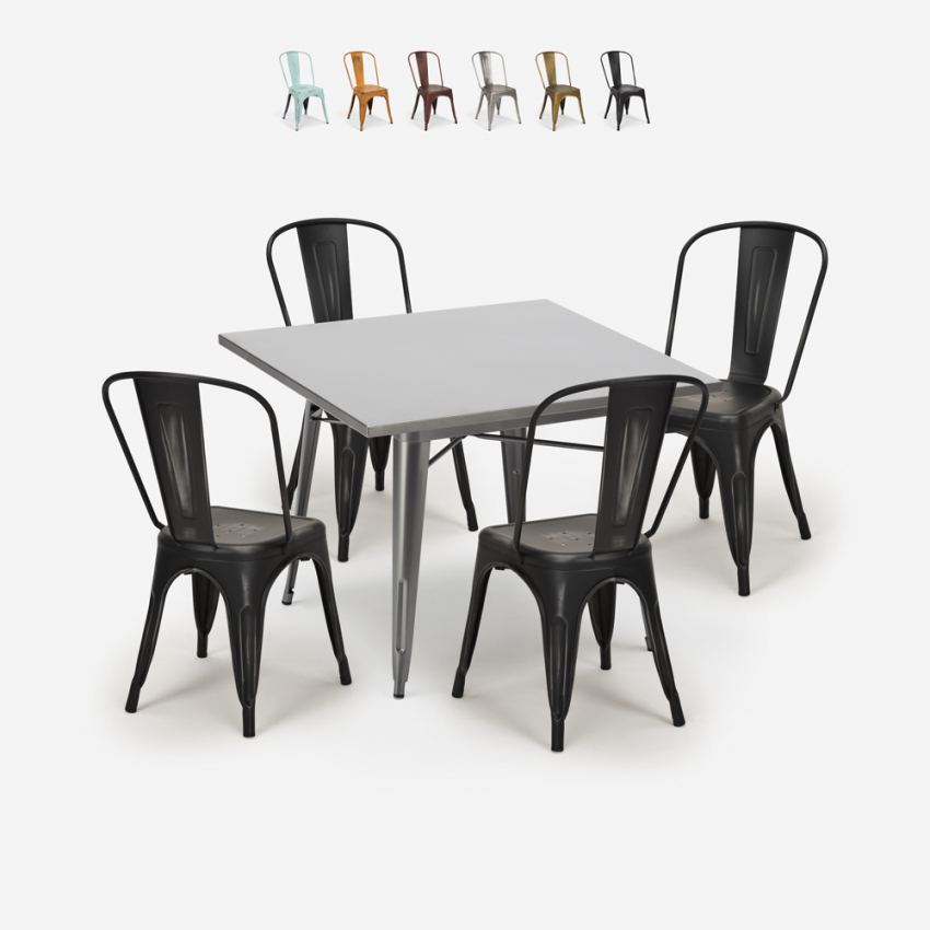 ensemble de 4 chaises vintage style et table 80x80cm industriel cuisine restaurant bistrot state Remises