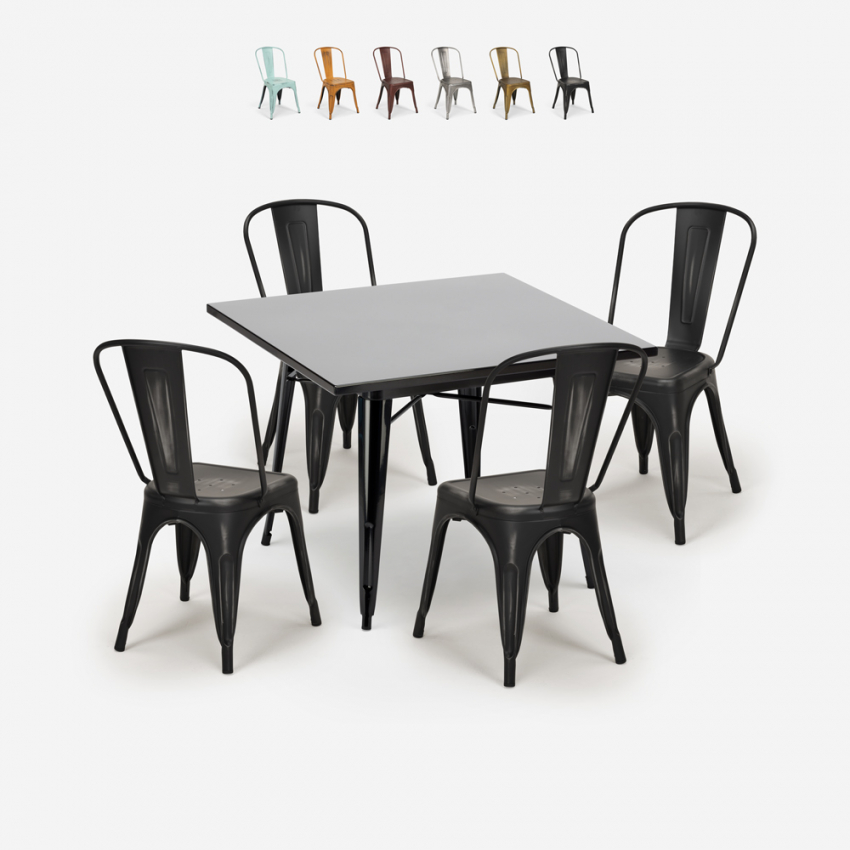 ensemble 4 chaises vintage industriel style table noire 80x80cm cuisine restaurant state black Réductions