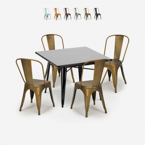 ensemble 4 chaises vintage industriel style table noire 80x80cm cuisine restaurant state black Promotion