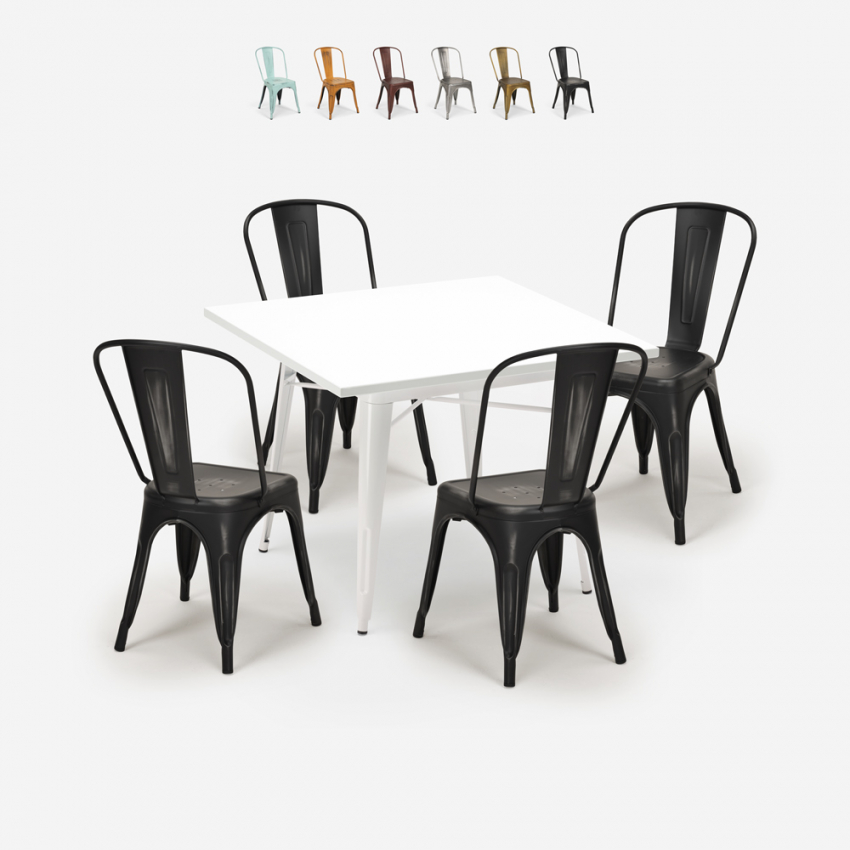 set 4 sedie industriale stile Lix tavolo metallo 80x80cm bianco state white Saldi