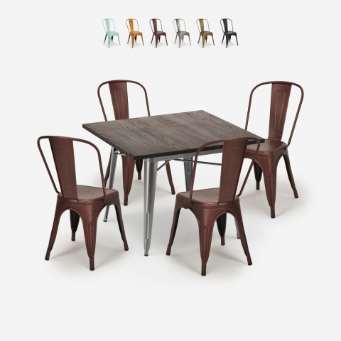 ensemble table à manger 80x80cm et 4 chaises vintage industriel design style cuisine restaurant burton Promotion