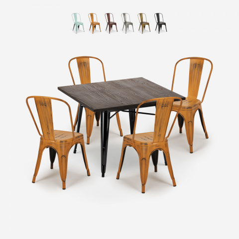ensemble 4 chaises style vintage table à manger 80x80cm bois métal burton black Promotion