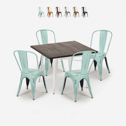 ensemble table 80x80cm et 4 chaises style cuisine restaurant industriel burton white Promotion