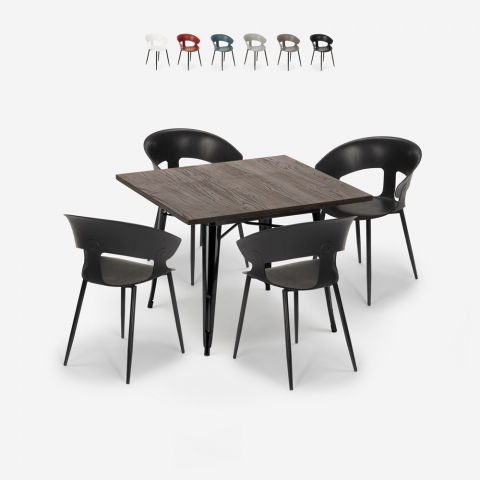 Ensemble de 4 Chaises et 1 Table Carrée 80x80cm Design Industriel Cuisine Restaurant Reeve Black Promotion