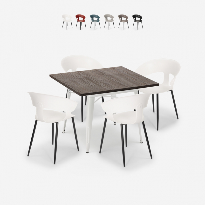 Set tavolo da pranzo 80x80cm legno metallo 4 sedie design Reeve White Promozione Set tavolo da pranzo 80x80cm legno metallo 4 sedie design Reeve White Promozione