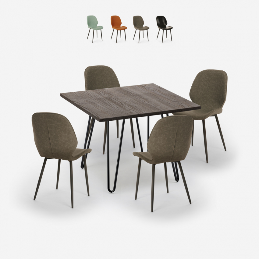 Set bar cucina tavolo 80x80cm industriale 4 sedie design similpelle Wright Dark Offerta Set bar cucina tavolo 80x80cm industriale 4 sedie design similpelle Wright Dark Offerta