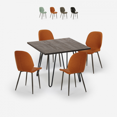Ensemble 1 Table 80x80cm Industriel et 4 Chaises Design Simili Cuir Cuisine Bar Wright Dark Promotion