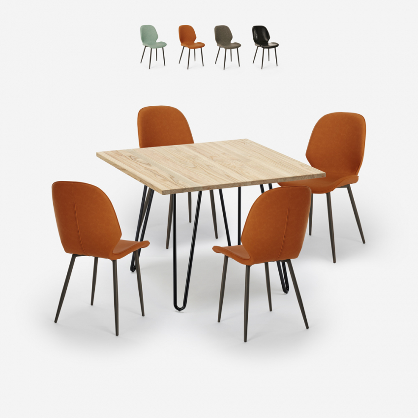 Set Tisch 80x80cm 4 Design Stühle Kunstleder Holz Metall Wright Light Angebot
