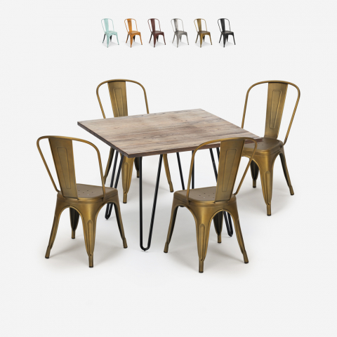 ensemble de 4 chaises de style vintage et 1 table 80x80cm industriel cuisine hedges Promotion