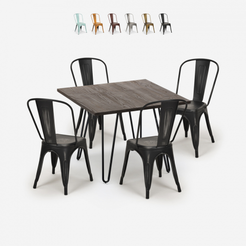 ensemble table carrée 80x80cm bois métal 4 chaises vintage style hedges dark Promotion