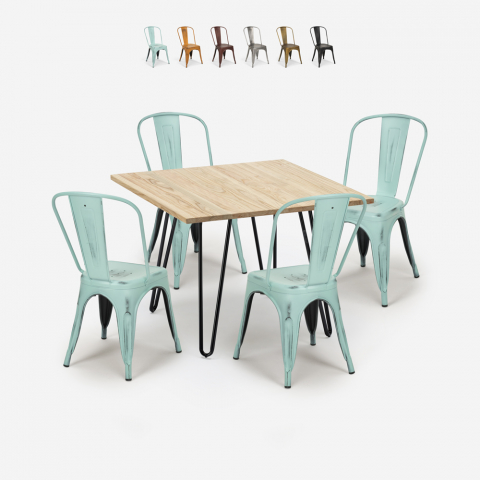 Ensemble Table 80x80cm Métal Bois 4 Chaises Vintage de style Tolix Bar Cuisine Hedges Light Promotion