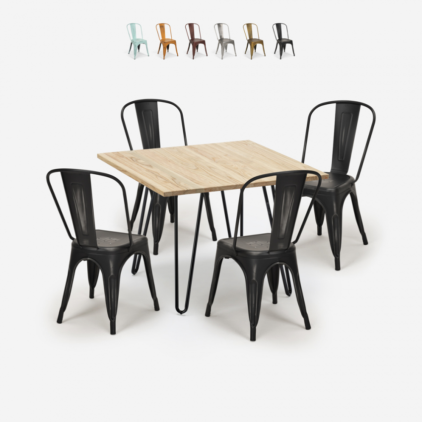 ensemble table 80x80cm métal bois 4 chaises vintage de style bar cuisine hedges light Remises