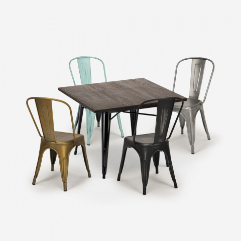 Set 4 sedie vintage tolix tavolo industriale 80x80cm legno metallo Dickson Promozione