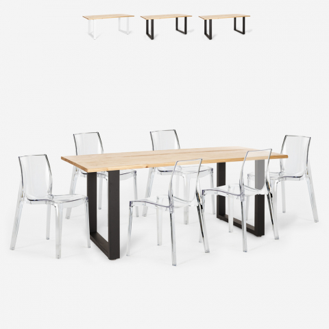 Set mit 6 transparenten Designstühlen Industrie-Esstisch 180x80cm Vice