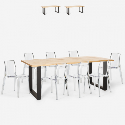 Set Tisch mit 8 transparenten Designstühlen Industrielles Design 220x80cm Virgil