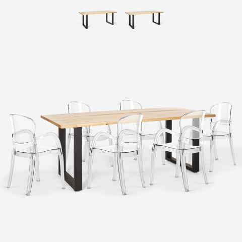 Set  Tisch 200x80cm 6 transparente Stühle Design Metall Jaipur XL Aktion