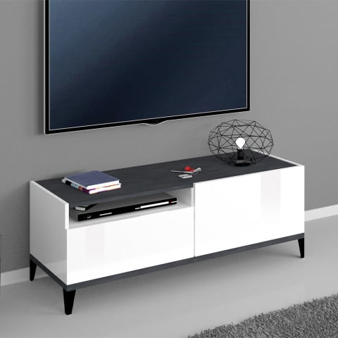 Mobile porta TV soggiorno 120x40 cm vano cassetto bianco lucido ardesia Gerald Promozione