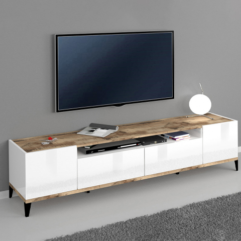 Meuble TV salon moderne placard tiroir blanc brillant Young Wood Promotion