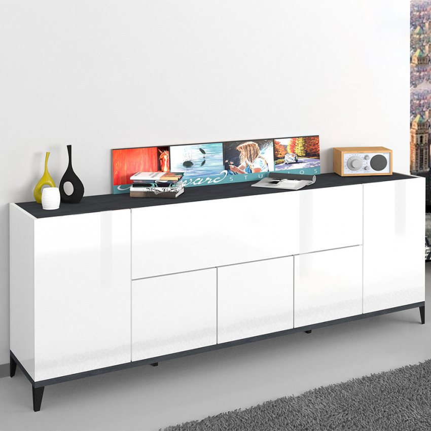 Design-Sideboard Stephanie 200x40cm, 5 Türen, Klappfach, für Flur und Wohnzimmer Aktion Design-Sideboard Stephanie 200x40cm, 5 Türen, Klappfach, für Flur und Wohnzimmer Aktion