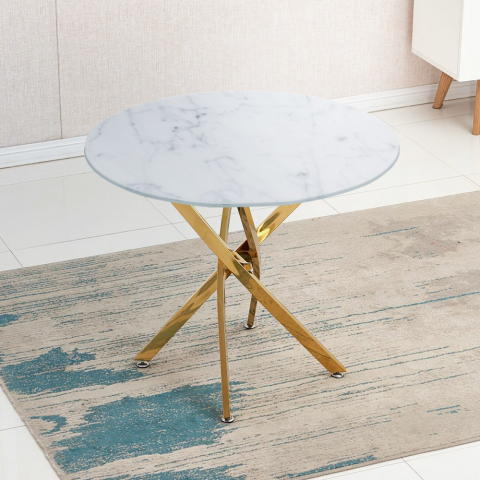 runder Tisch 100cm Glas Marmor-Effekt goldene Beine Wohnzimmer Aurum Aktion