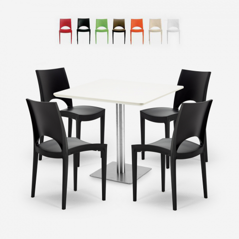 Set mit 4 Stühlen stapelbar weißer Tisch 90x90cm Horeca Bar Restaurant Prince White