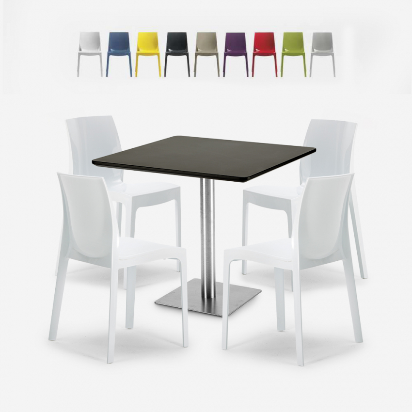 Set 4 stapelbare Stühle aus Polypropylen Horeca Tisch 90x90cm Yanez Schwarz Verkauf Set 4 stapelbare Stühle aus Polypropylen Horeca Tisch 90x90cm Yanez Schwarz Verkauf
