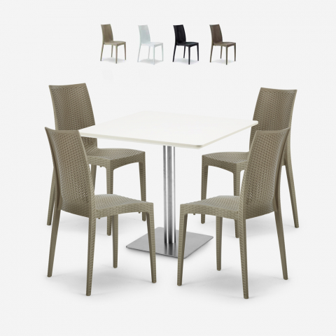 Set Tisch 90x90cm Weiß Horeca 4 Stühle Polyrattan stapelbar Barrett White