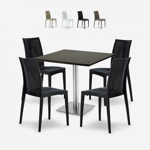 Set 4 Stühle Polyrattan Bar Restaurant schwarzer Tisch Horeca 90x90cm Barrett Black
