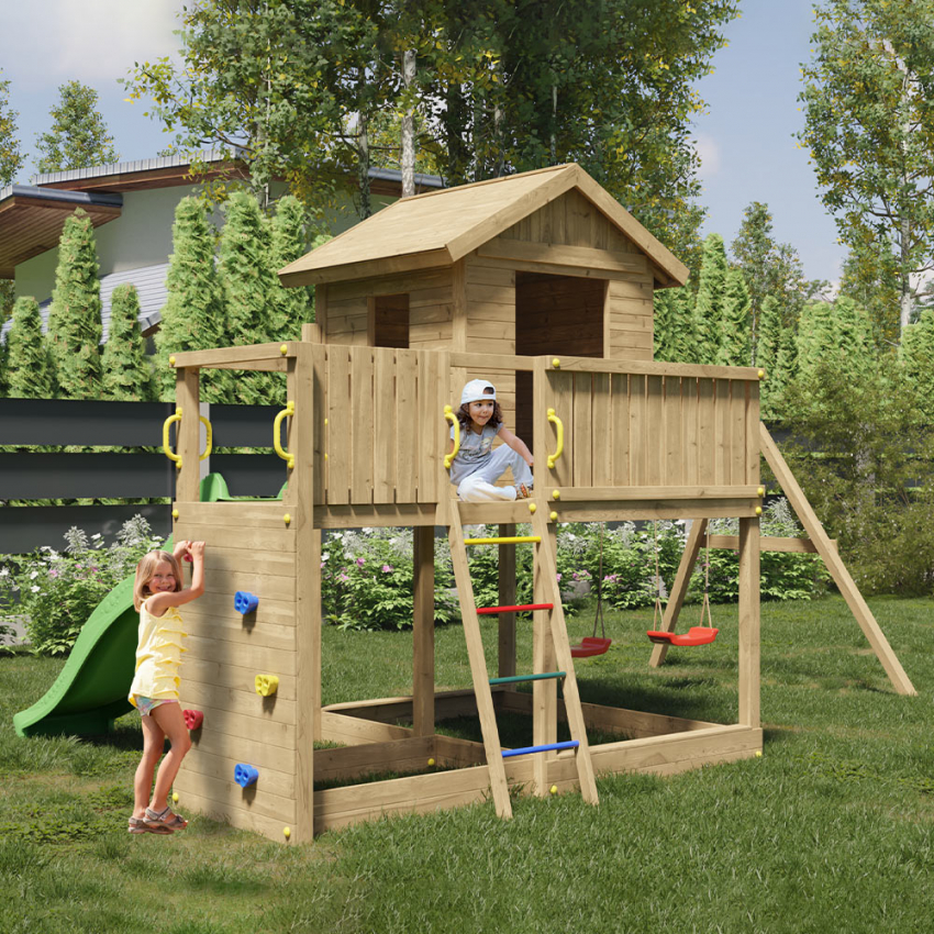 Parco giochi da giardino casetta arrampicata scivolo doppia altalena Galaxy L Promozione