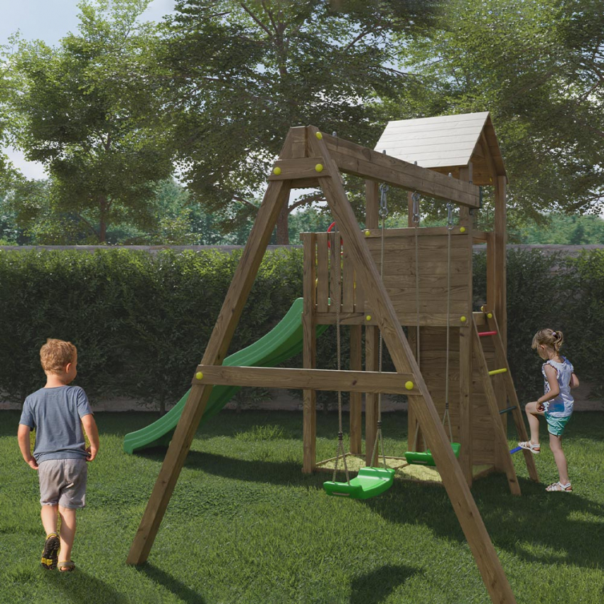 Torretta con scivolo altalene sabbiera parco giochi bambini in legno Boomer Promozione