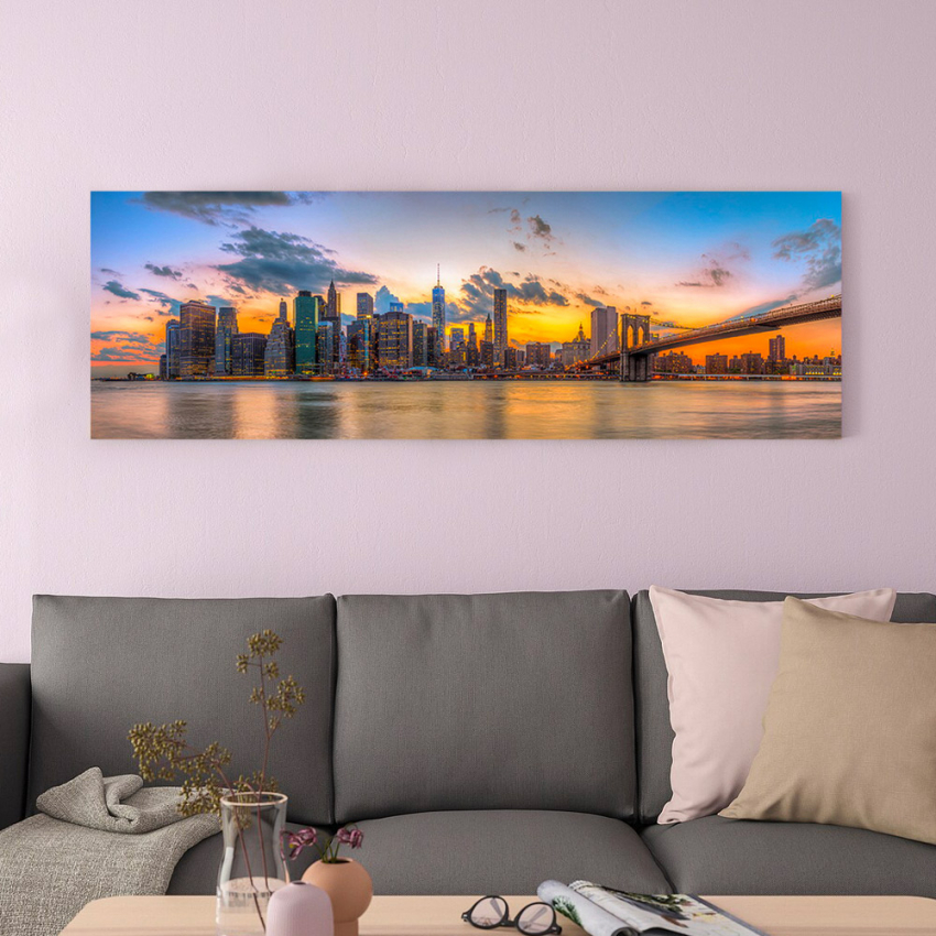 Leinwanddruck auf PVC-beschichteter Baumwolle, leuchtende Farben, 120x40cm, Hello Manhattan Aktion Leinwanddruck auf PVC-beschichteter Baumwolle, leuchtende Farben, 120x40cm, Hello Manhattan Aktion