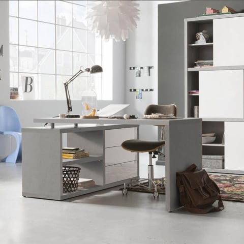 Schreibtisch Arbeitstisch Bürotisch Winkelkombination mit Schubladen Weiß Zementfarbe 140x150cm Schema Aktion