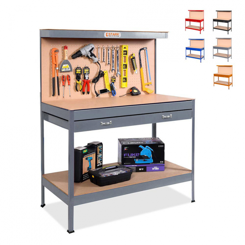 Banco da lavoro tavolo con pannello e cassetto per officina Max 120x60x150cm Stock Banco da lavoro tavolo con pannello e cassetto per officina Max 120x60x150cm Stock