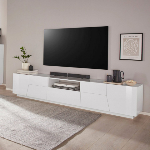 Moderne TV-Bank Wohnzimmer 220x43cm Wand glänzend weiß Fergus Aktion