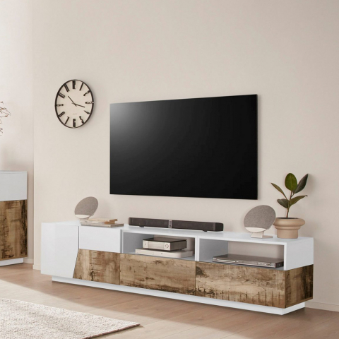 Mobile porta TV 200x43cm parete soggiorno bianco legno moderno Hatt Wood Promozione