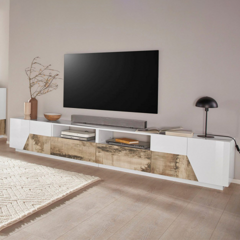 Mobile porta TV 260x43cm parete soggiorno moderno legno bianco More Wood Promozione