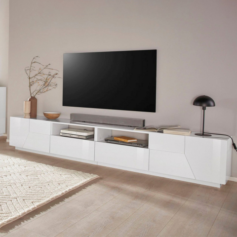 Moderne TV-Bank 260x43cm Wohnzimmer Wand Schrank weiß glänzend More Aktion