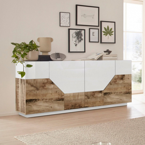 Sideboard Weiß Holz 4 Fächer 200x43cm Wohnzimmer Küche Hariett Wood