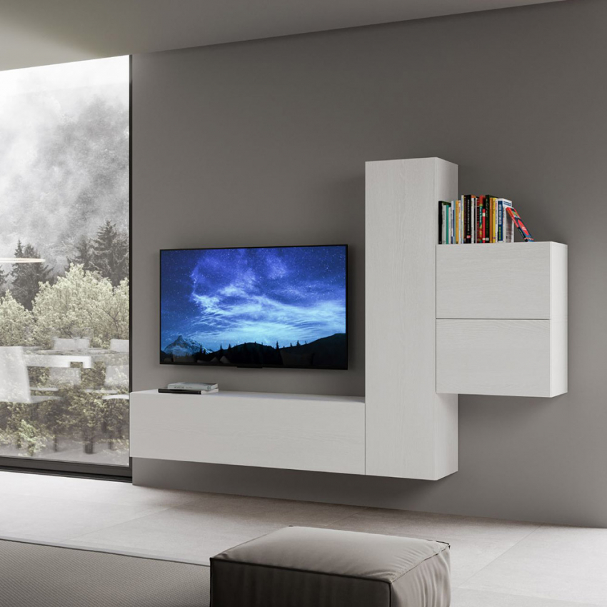 Moderne Wohnwand mit TV-Halterung, 4 Hängeschränke, weißes Holz A17 Aktion Moderne Wohnwand mit TV-Halterung, 4 Hängeschränke, weißes Holz A17 Aktion