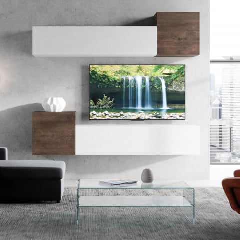 Meuble TV mural de salon en bois blanc avec 4 éléments suspendus A37 Promotion