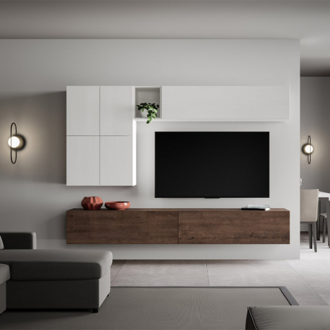 Parete attrezzata porta TV moderna soggiorno sospesa bianco legno A16 Promozione