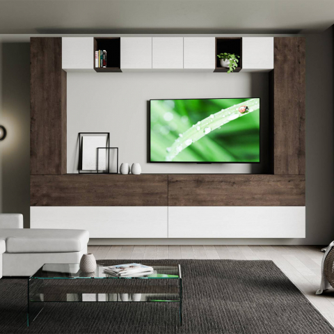 Parete attrezzata moderna porta TV soggiorno sospesa legno bianco A105 Promozione